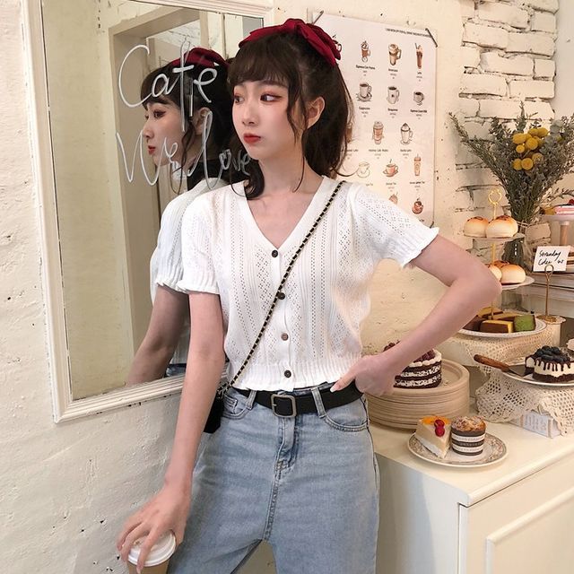 Perforated Knit Top Button-Up V-Neck Short-Sleeve