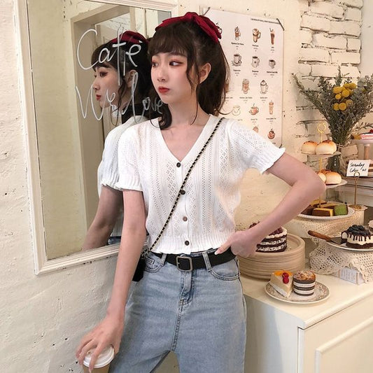 Perforated Knit Top Button-Up V-Neck Short-Sleeve