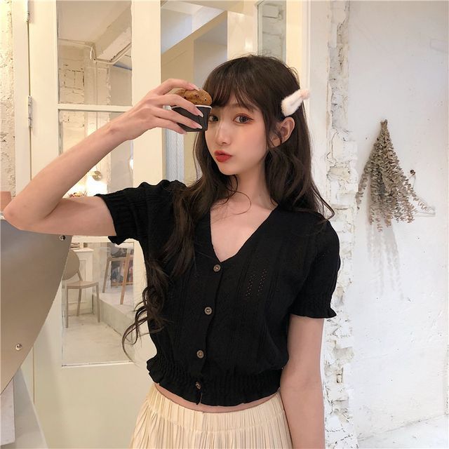 Perforated Knit Top Button-Up V-Neck Short-Sleeve