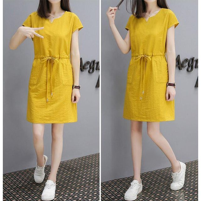 Mini Short-Sleeve V-Neck Drawstring-Waist Plain Dress A-Line