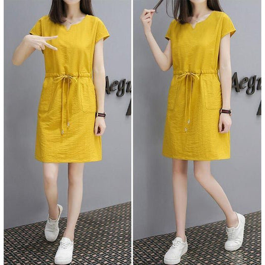 Mini Short-Sleeve V-Neck Drawstring-Waist Plain Dress A-Line