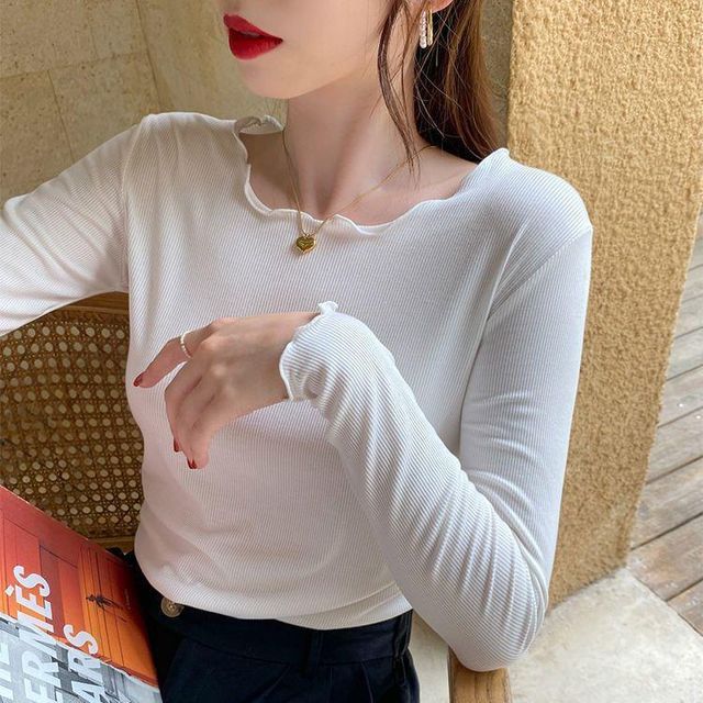 Neck Ribbed Tee Scoop Long-Sleeve Plain Lettuce Edge