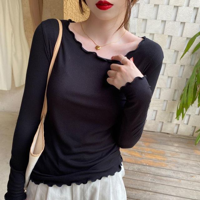 Neck Ribbed Tee Scoop Long-Sleeve Plain Lettuce Edge