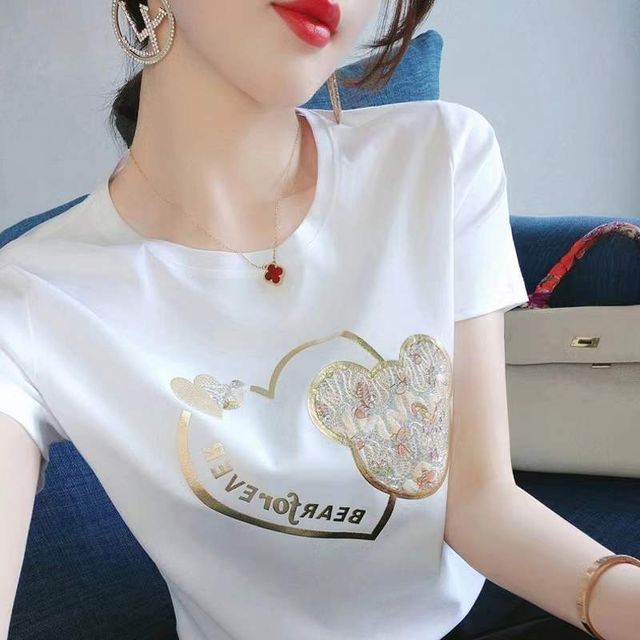 Tee Neck Print Bear Crew Short-Sleeve