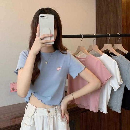 Neck Embroidered Crop T-Shirt Crew Short-Sleeve