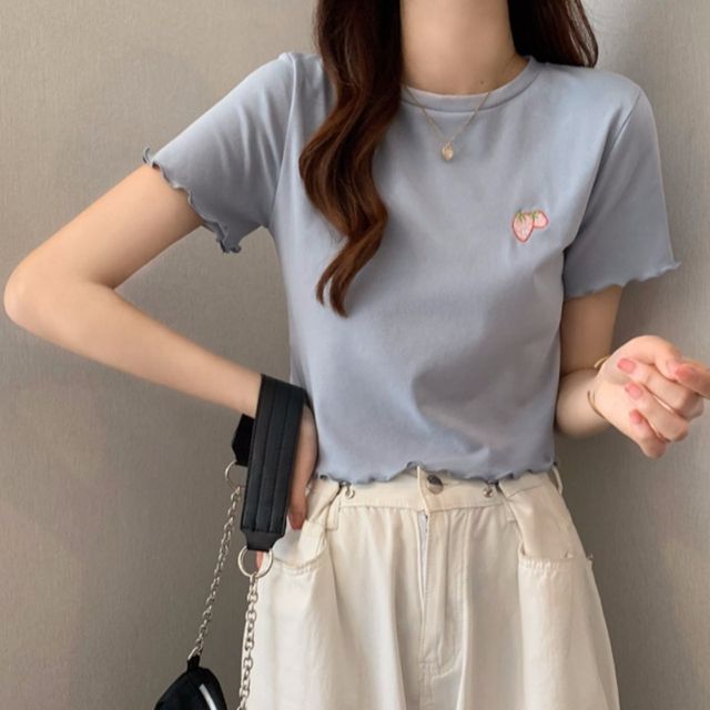 Neck Embroidered Crop T-Shirt Crew Short-Sleeve