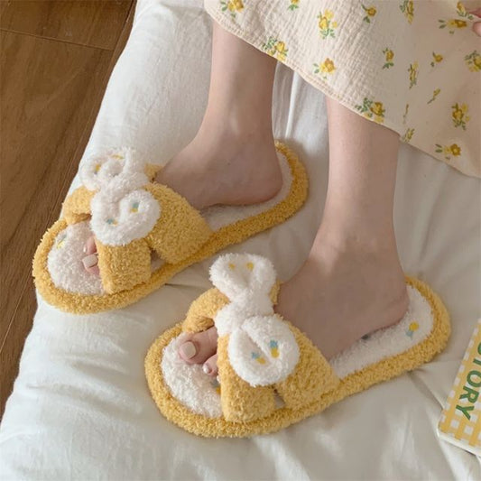 Pineapple Embroidered Fluffy Bow Slippers