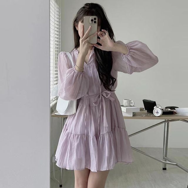 Long-Sleeve Tie-Neck Sashed Plain Mini A-Line Dress