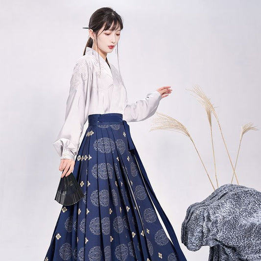 Embroidered Blouse / High Rise Print Pleated Maxi A-Line Wrap Skirt / Set