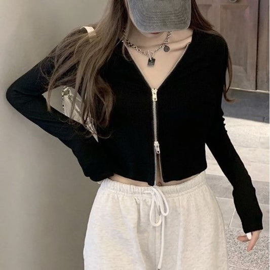 Plain Zip Cropped Hoodie