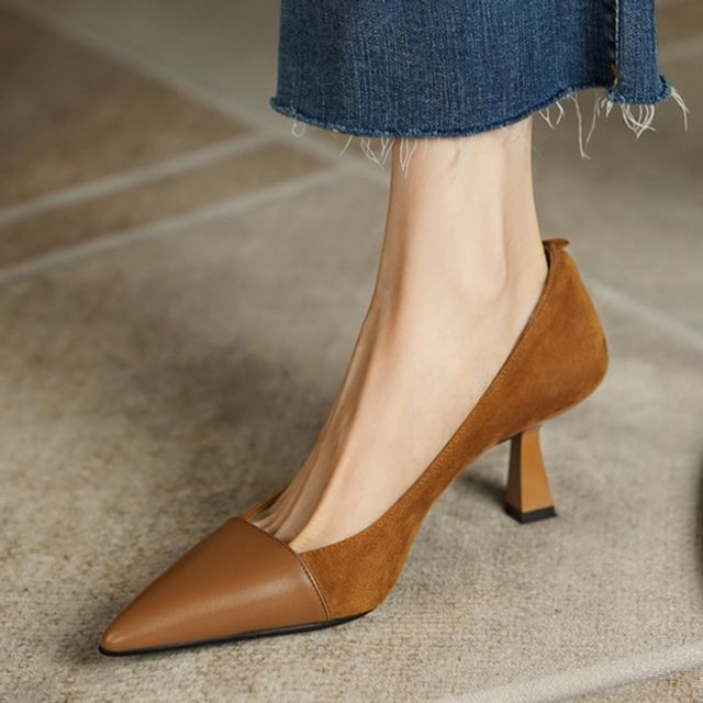 Pointed Faux Suede Pumps Kitten Heel