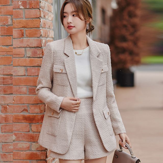 Tweed Single-Breasted Blazer / High Waist Shorts / Set