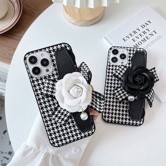 Floral Houndstooth Strap Phone Case - iPhone 14 Pro Max / 14 Pro / 14 Max / 14 / 13 Pro Max / 13 Pro / 13 / 13 mini / 12 Pro Max / 12 Pro / 12 / 12 mini / 11 Pro Max / 11 Pro / 11 / SE / XS Max / XS / XR / X / 8 / 8 Plus / 7 / 7 Plus