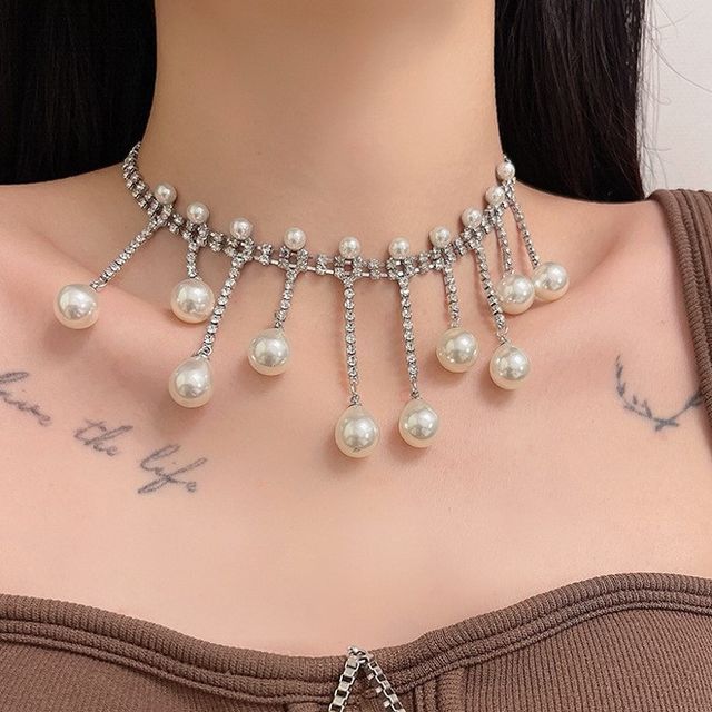 Pearl Faux Alloy Rhinestone Fringed Choker