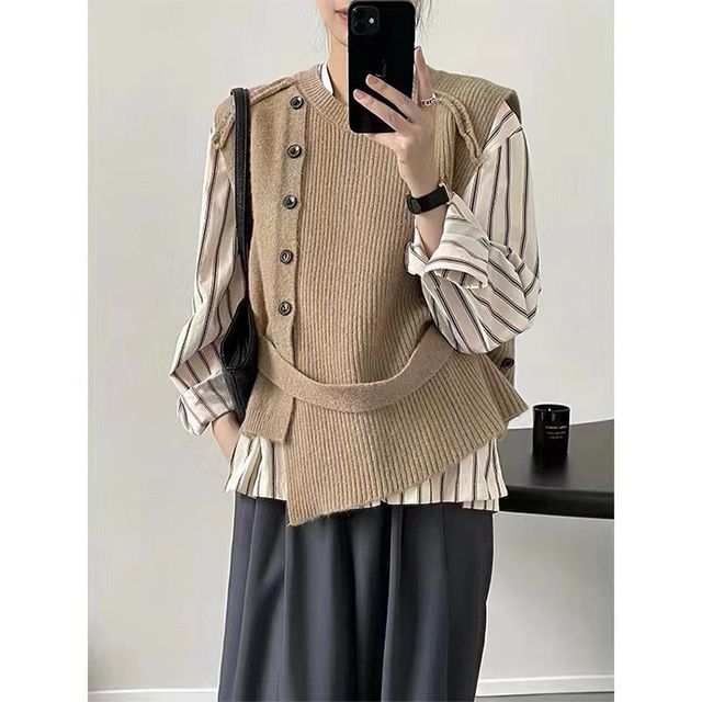 Asymmetrical Neck Vest Button-Up Crew Sweater Plain Hem