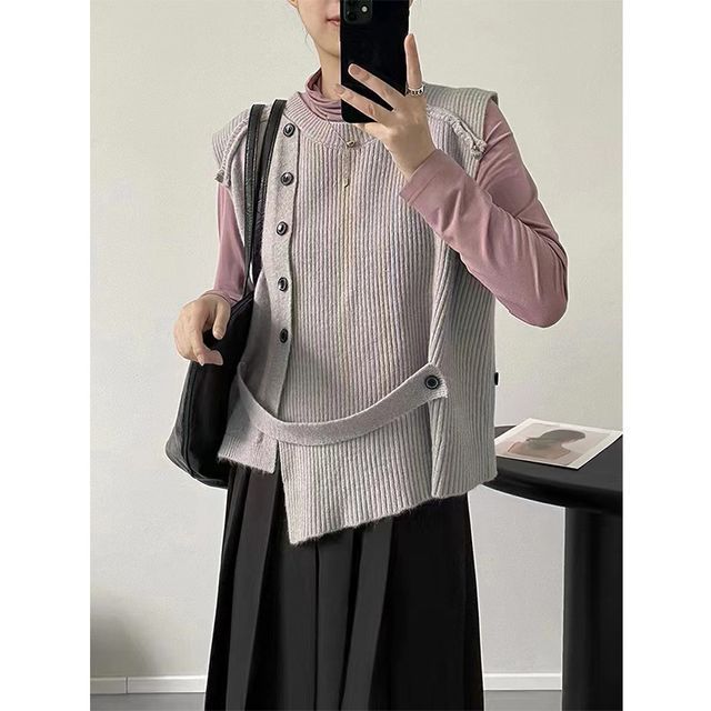 Asymmetrical Neck Vest Button-Up Crew Sweater Plain Hem