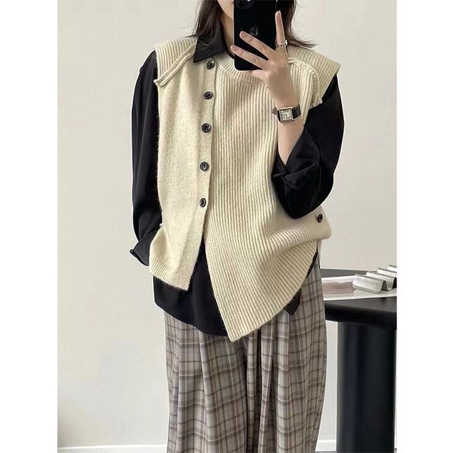 Asymmetrical Neck Vest Button-Up Crew Sweater Plain Hem
