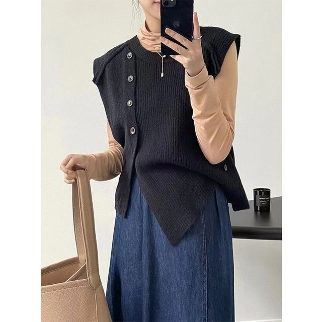 Asymmetrical Neck Vest Button-Up Crew Sweater Plain Hem
