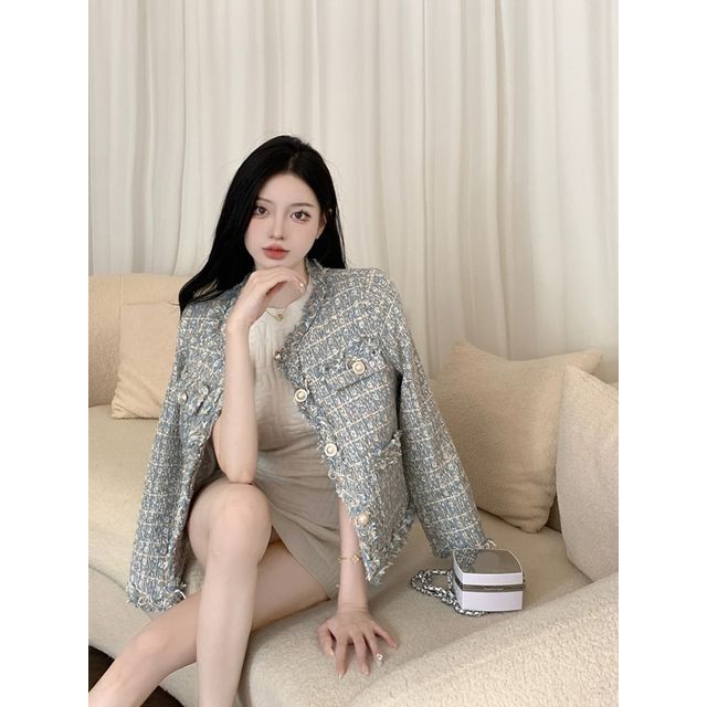 Fringed Tweed Single-Breasted Jacket