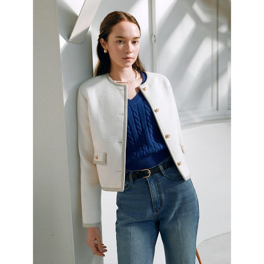 Golden-Button Tweed Jacket (Ivory)