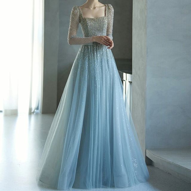 Long-Sleeve Square Neck Mesh A-Line Evening Gown