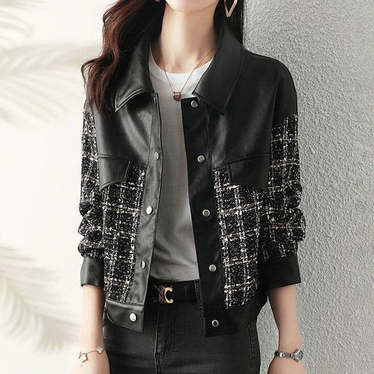 Long-Sleeve Tweed Panel Faux Leather Jacket