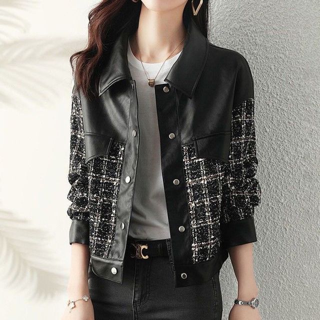 Long-Sleeve Tweed Panel Faux Leather Jacket
