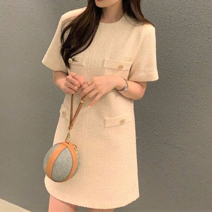 Short-Sleeve Round Neck Plain Tweed Mini A-Line Dress