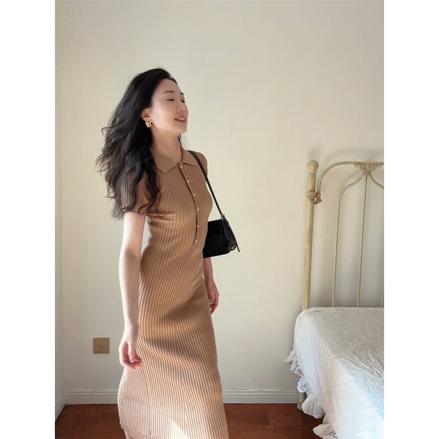 Sheath Short-Sleeve Dress Knit Midi Plain Polo
