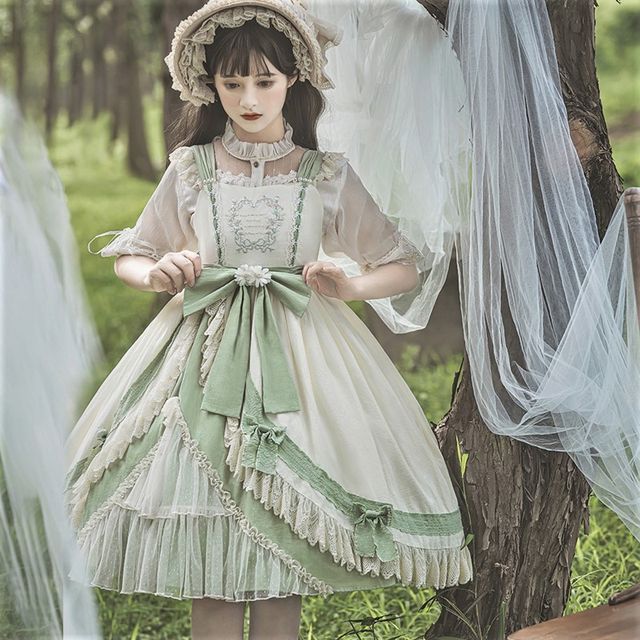 Lolita Flower Embroidered Lace Trim Bow Dungaree Dress / A-Line Skirt / Socks / Set