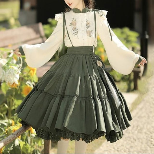 Flower Embroidered Lace Trim Lolita Blouse / Midi Jumper Dress / Set