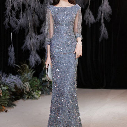 Puff-Sleeve Sequined Rhinestone Mermaid Evening Gown