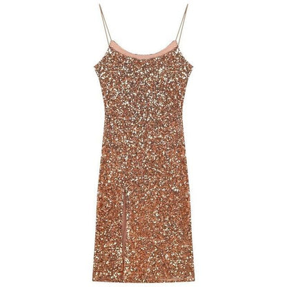 Spaghetti Strap Sequined Slit Bodycon Cocktail Dress