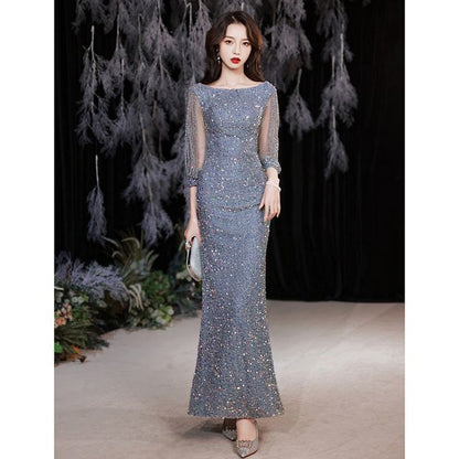 Puff-Sleeve Sequined Rhinestone Mermaid Evening Gown