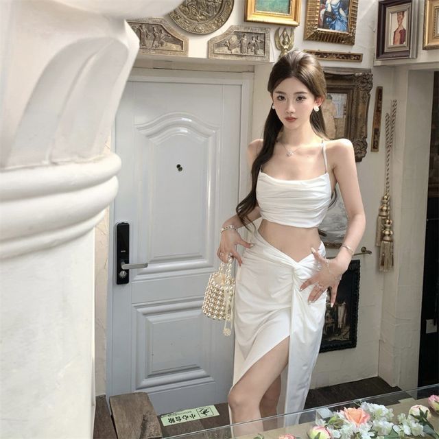 Plain Twist Waist Set: Crop High-Low Slit A-Line Camisole + Skirt Top High Ruched