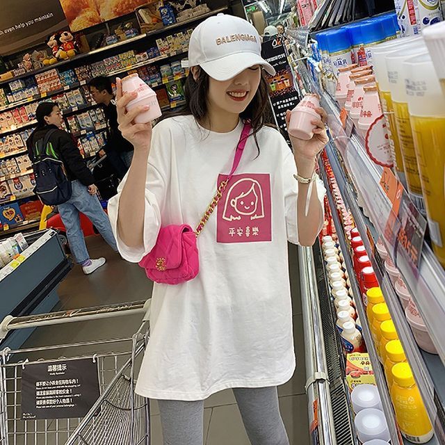 Cartoon Neck Elbow-Sleeve Print Crew T-Shirt