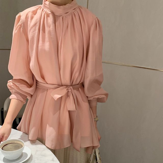 Puff-Sleeve Plain Tie-Front Shirred Blouse