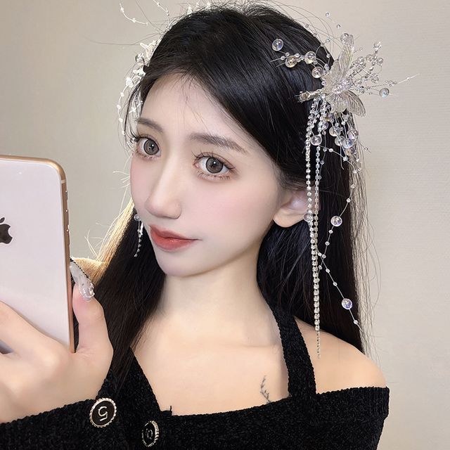 Butterfly Faux Pearl Hair Clip Fringed