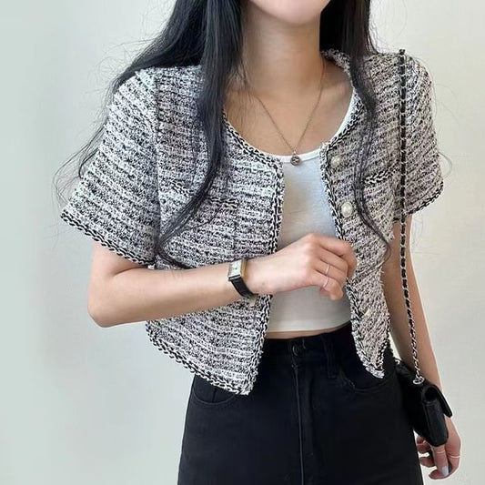 Short Sleeve Single Breasted Tweed Crop Blazer