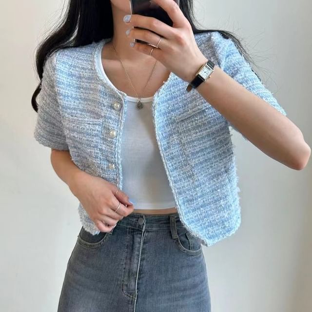 Short Sleeve Single Breasted Tweed Crop Blazer