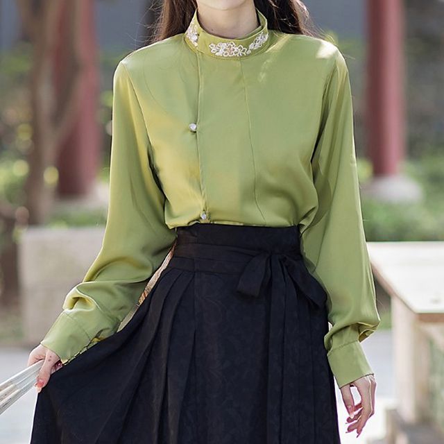 Long-Sleeve Stand Collar Embroidered Blouse / Tie-Waist Pleated Maxi A-Line Skirt