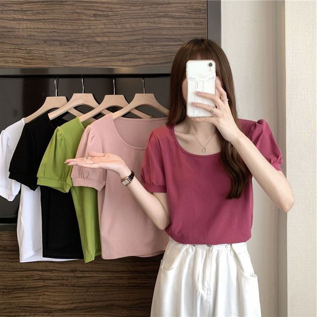 Neck Scoop Plain Puff-Sleeve T-Shirt