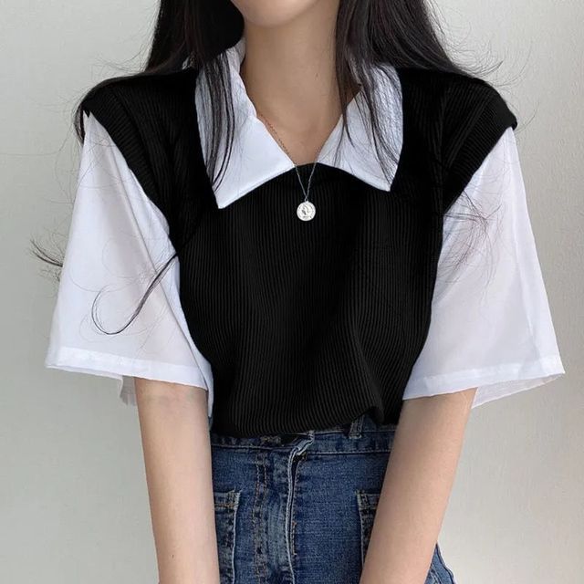 Mock Two T-Shirt Piece Collared Short-Sleeve