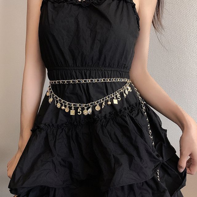 Chain Fringed Layered Alloy Leather Waist Belt Faux