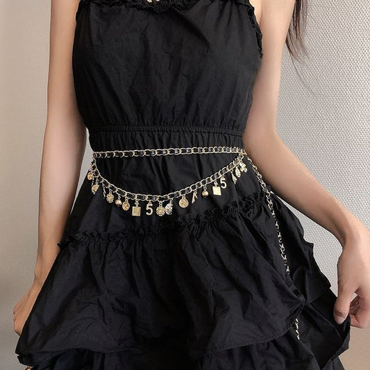 Chain Fringed Layered Alloy Leather Waist Belt Faux