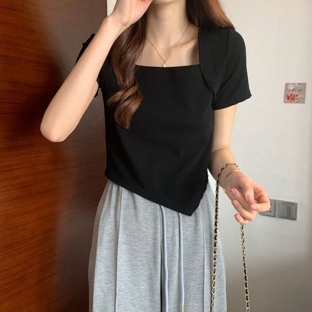Neck Cropped Short-Sleeve Irregular Square T-Shirt