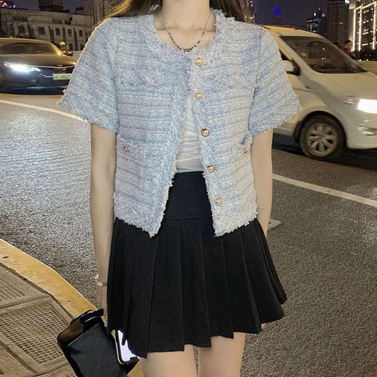 Short-Sleeve Crew Neck Tweed Button Jacket