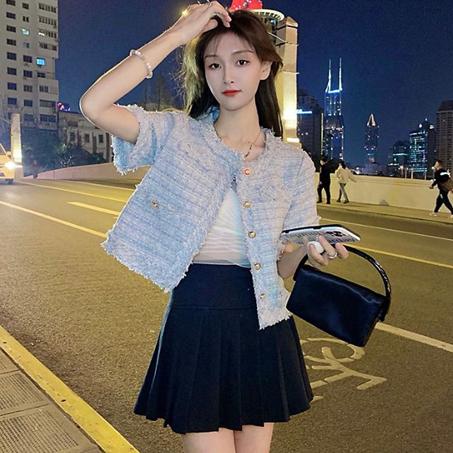 Short-Sleeve Crew Neck Tweed Button Jacket