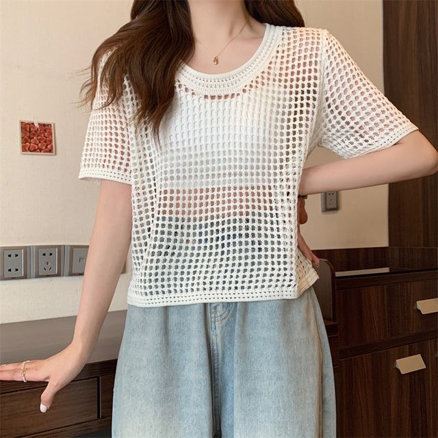Perforated Knit Short-Sleeve Top