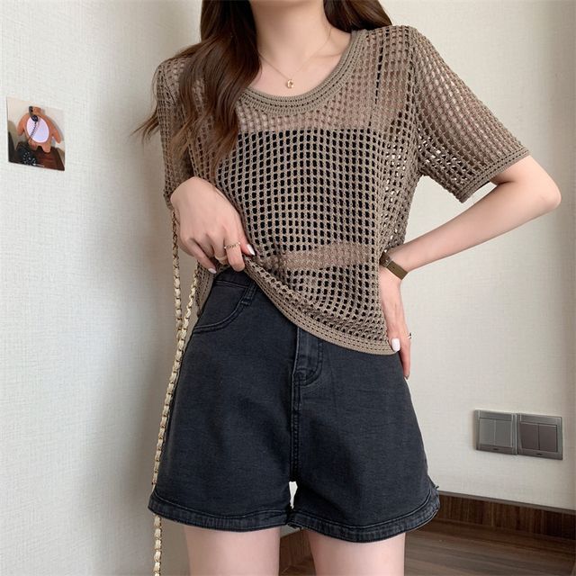 Perforated Knit Short-Sleeve Top